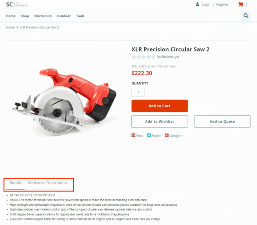 SuiteCommerce item page with two tabs highlighted.