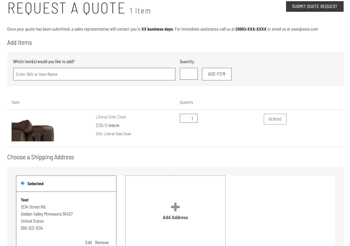 NetSuite SuiteCommerce request for a quote page.