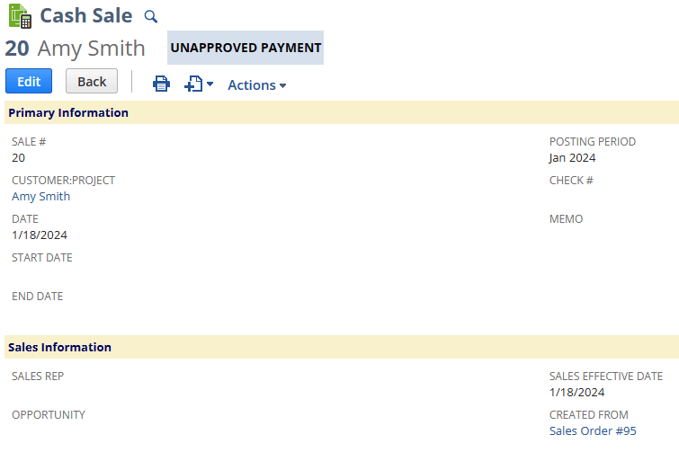 Cash Sale page on NetSuite with example information about Amy Smith.