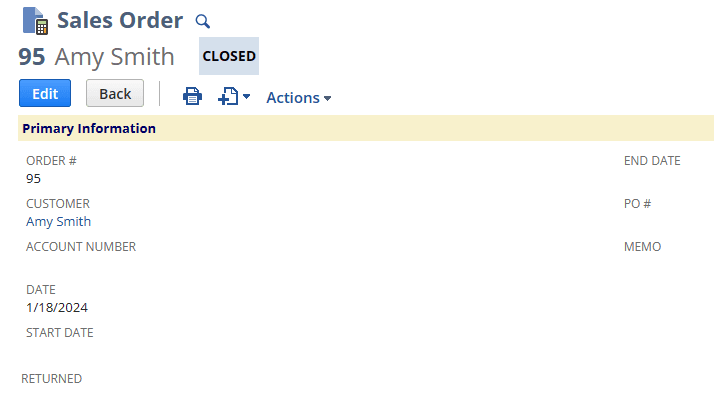 Sales Order NetSuite example with information about Amy Smith.