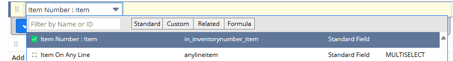 NetSuite Item Number standard field shown through the correct dropdown menu option.
