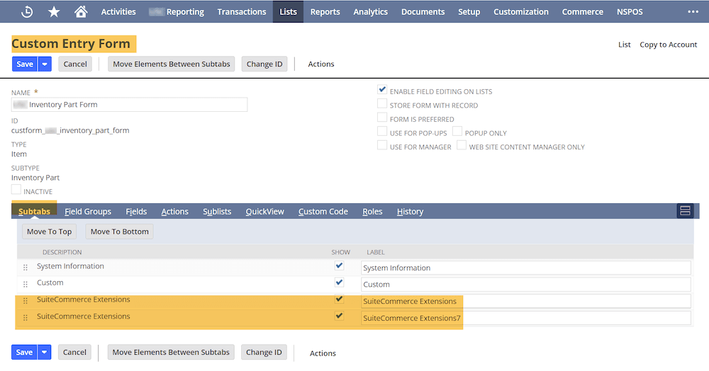 NetSuite Custom Entry Form Subtab