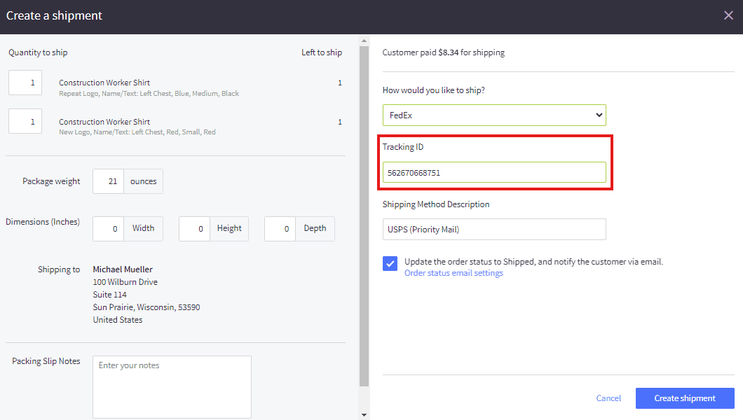 Create Shipment Tracking ID