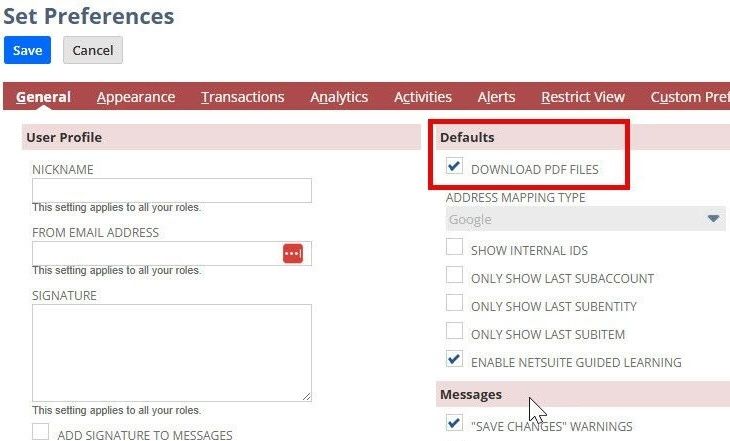 NetSuite Set Preferences Defaults Download PDF Files