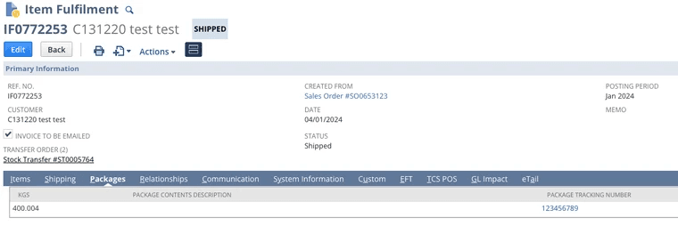 Item Fulfillment page with configuration details.