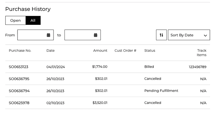 Purchase History page with several lines of information.