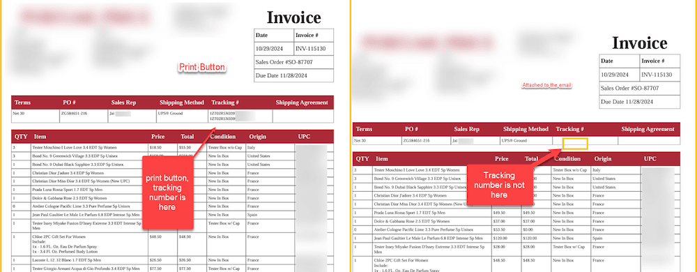 Shipment tracking number missing from emailed NetSuite PDF form.