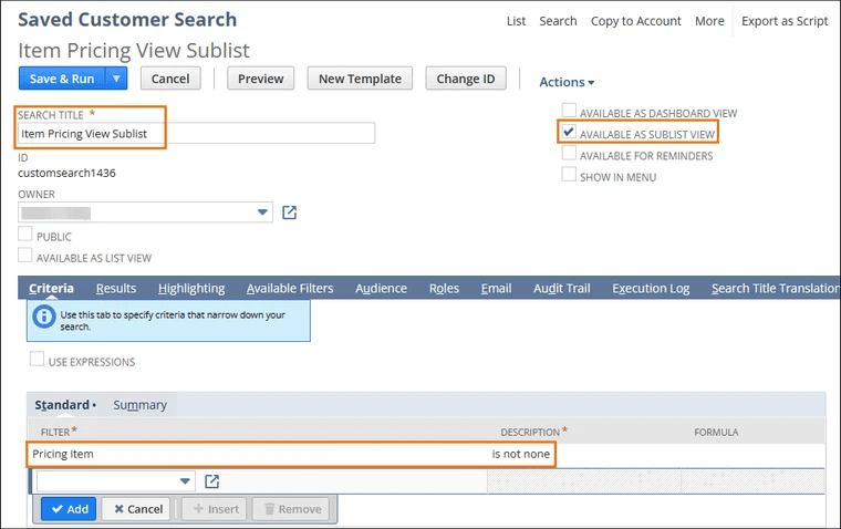 Saved Customer Search page with multiple highlighted fields.