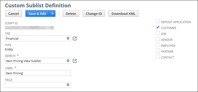 Custom Sublist Definition page with multiple configurations.