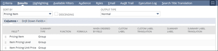 NetSuite results columns page.