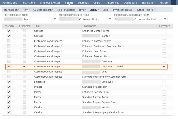 Restrict forms with roles and entities listed.