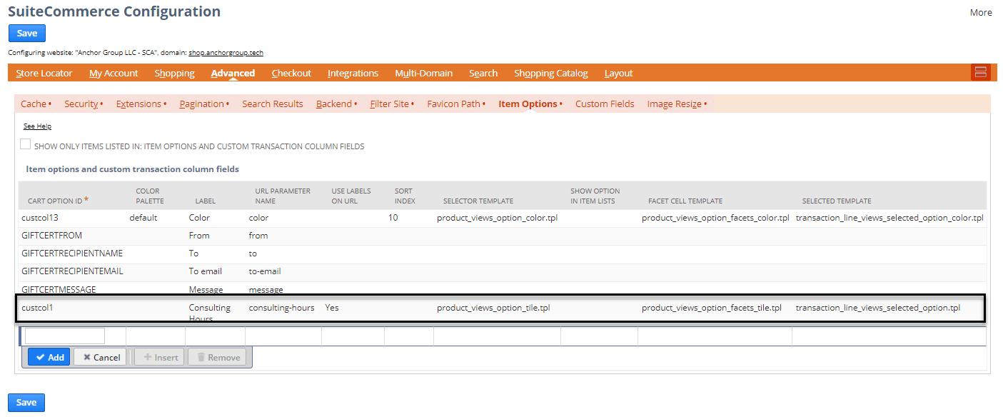 SuiteCommerce item options with configurations.