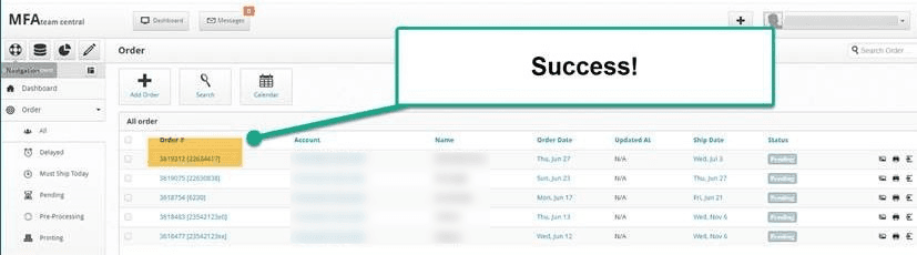 MFA Team Central Order Number Success