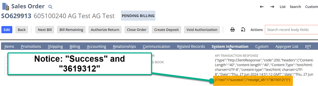 NetSuite Sales Order Success API Transaction Response