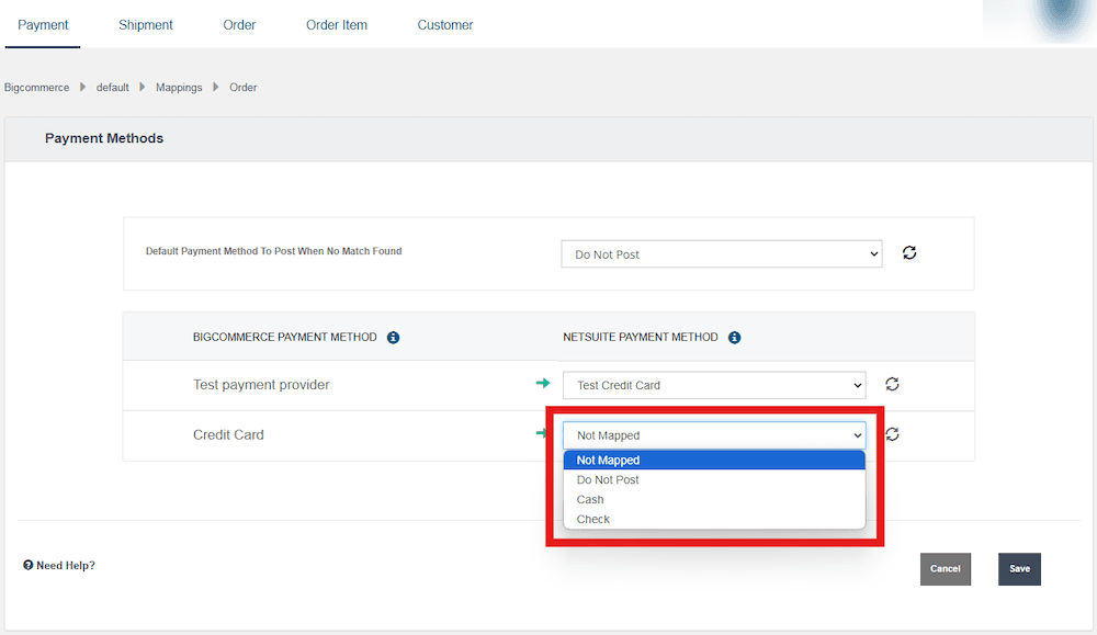 Payment Methods BigCommerce Default Mappings Order