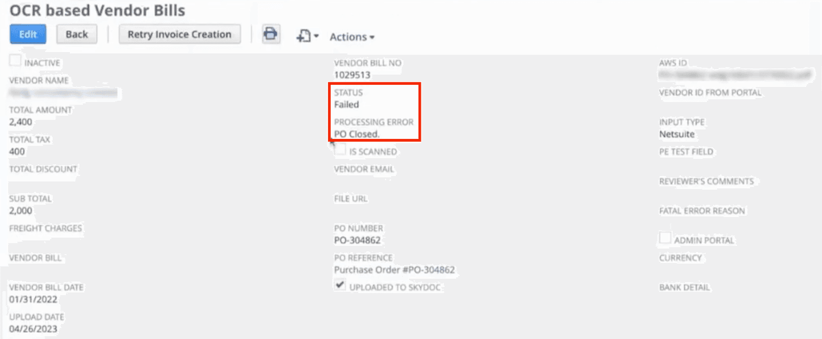 NetSuite OCR based vendor bills page with the Failed message highlighted.