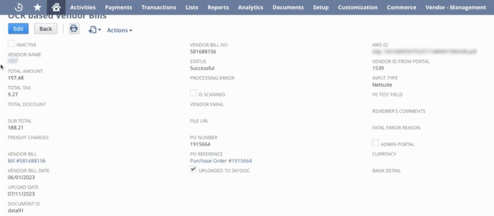 Successful OCR vendor bills.