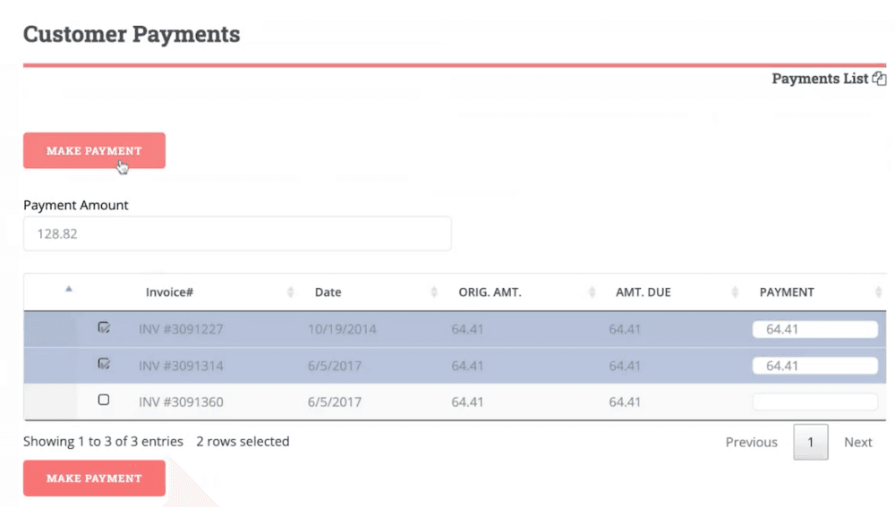 Screenshot of the customer payments page displaying transaction details and payment options.