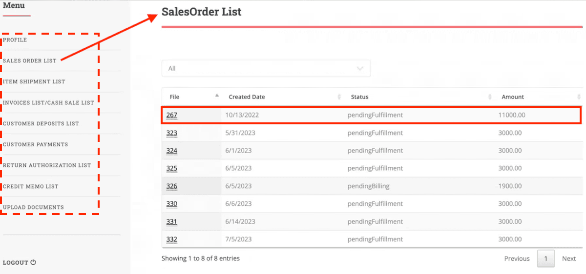 Customer portal sales order list.