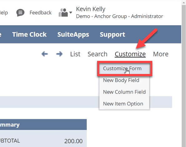 Customize form tab under the Customize button.