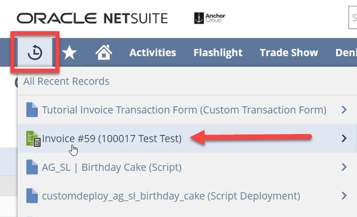 Invoice pointed to and recents button highlighted.
