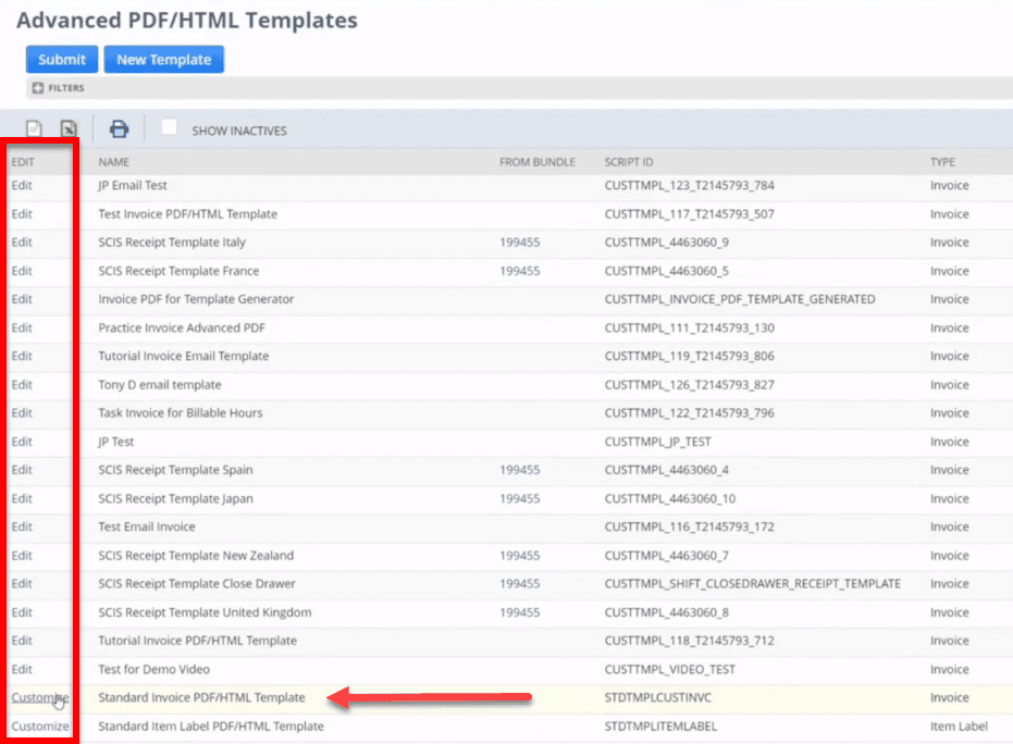 Edit customize column highlighted on the Advanced Templates page.