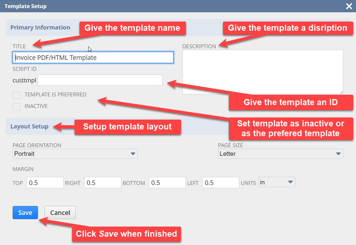 Template Setup instructions with details for each field.