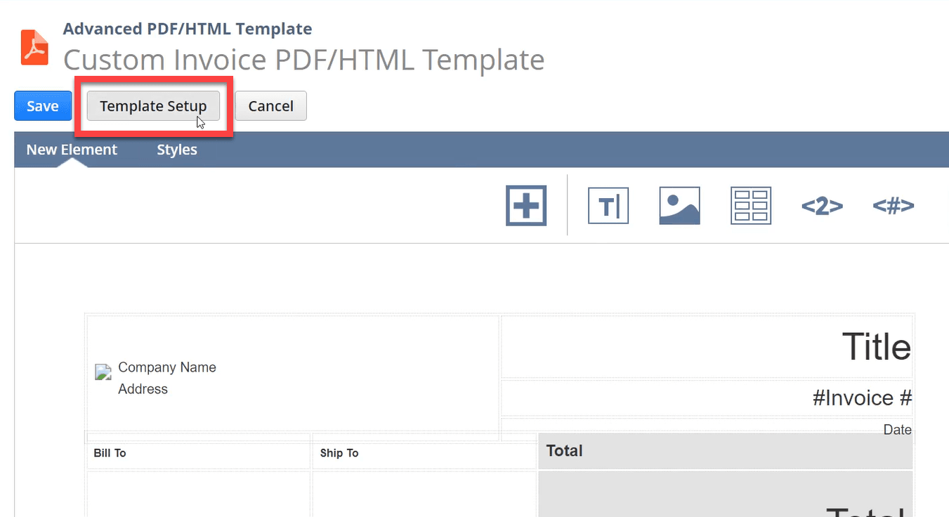 Custom Invoice PDF/HTML Template page with a Template Setup button highlighted.