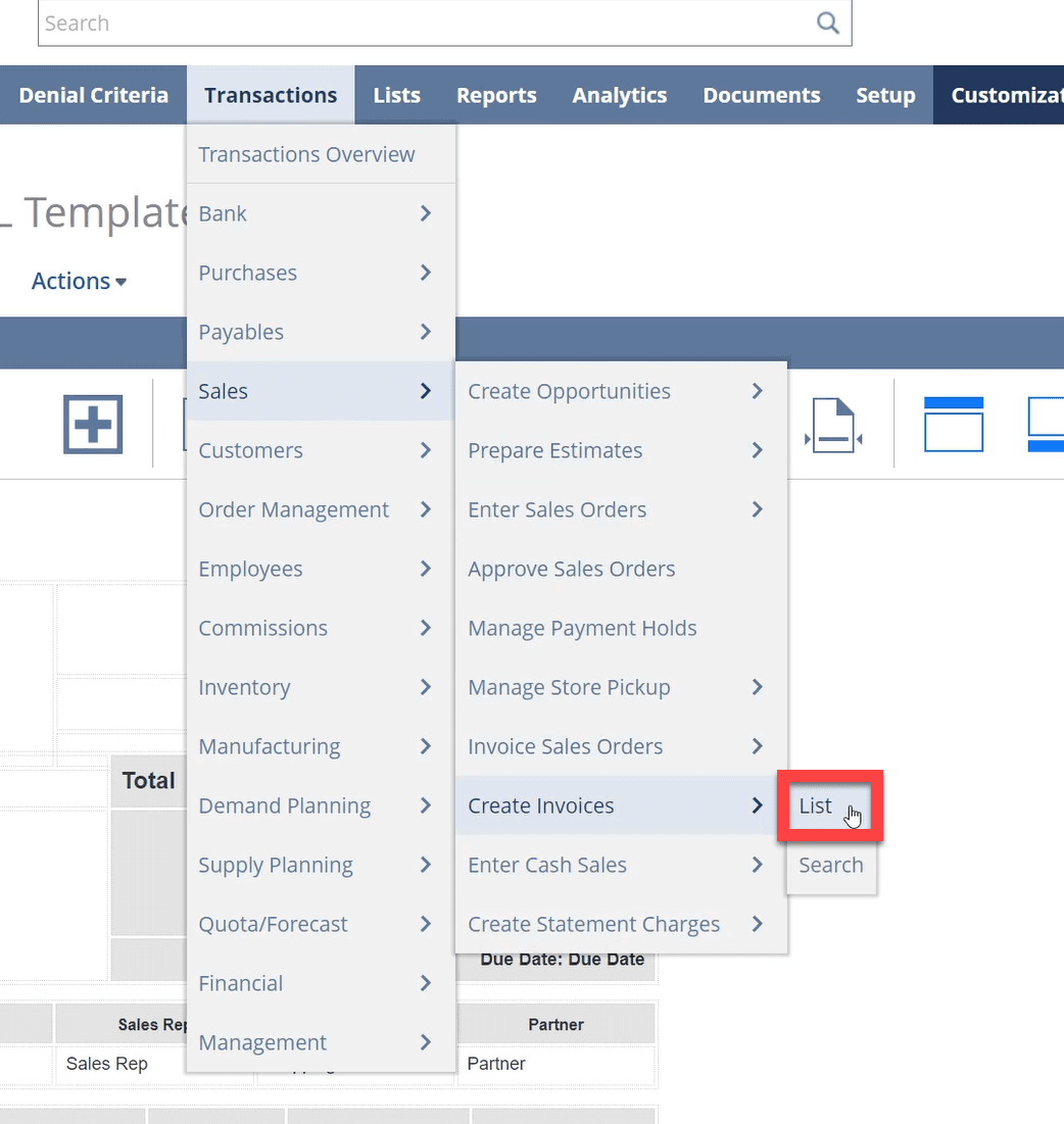 Open Invoice navigation page.