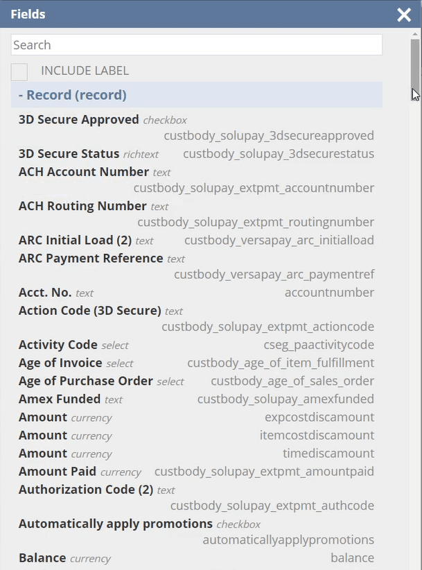 Screenshot of Fields page with a list of Records.