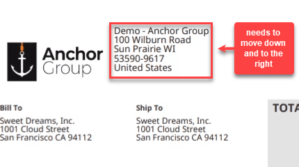 Screenshot of top of invoice with address listed and message saying to move it down.