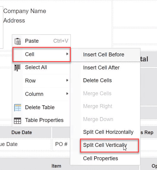 Cell dropdown menu with Split Cell Vertically option highlighted.
