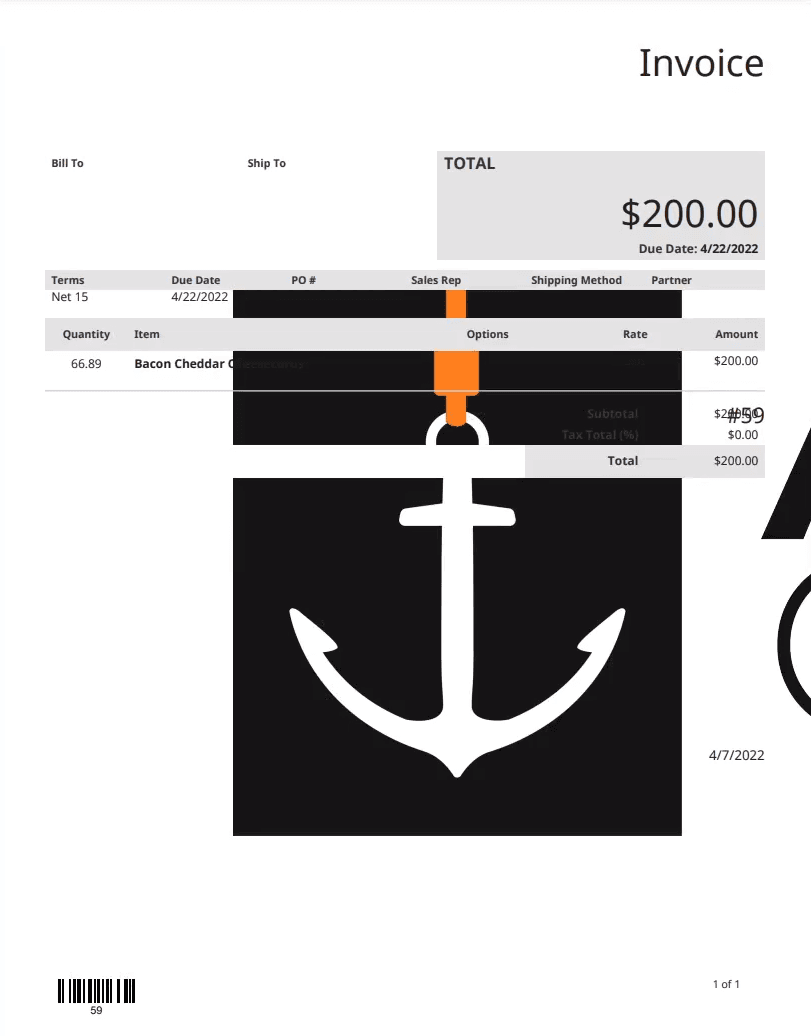 Example invoice for AnchorGroup for two hundred dollars.