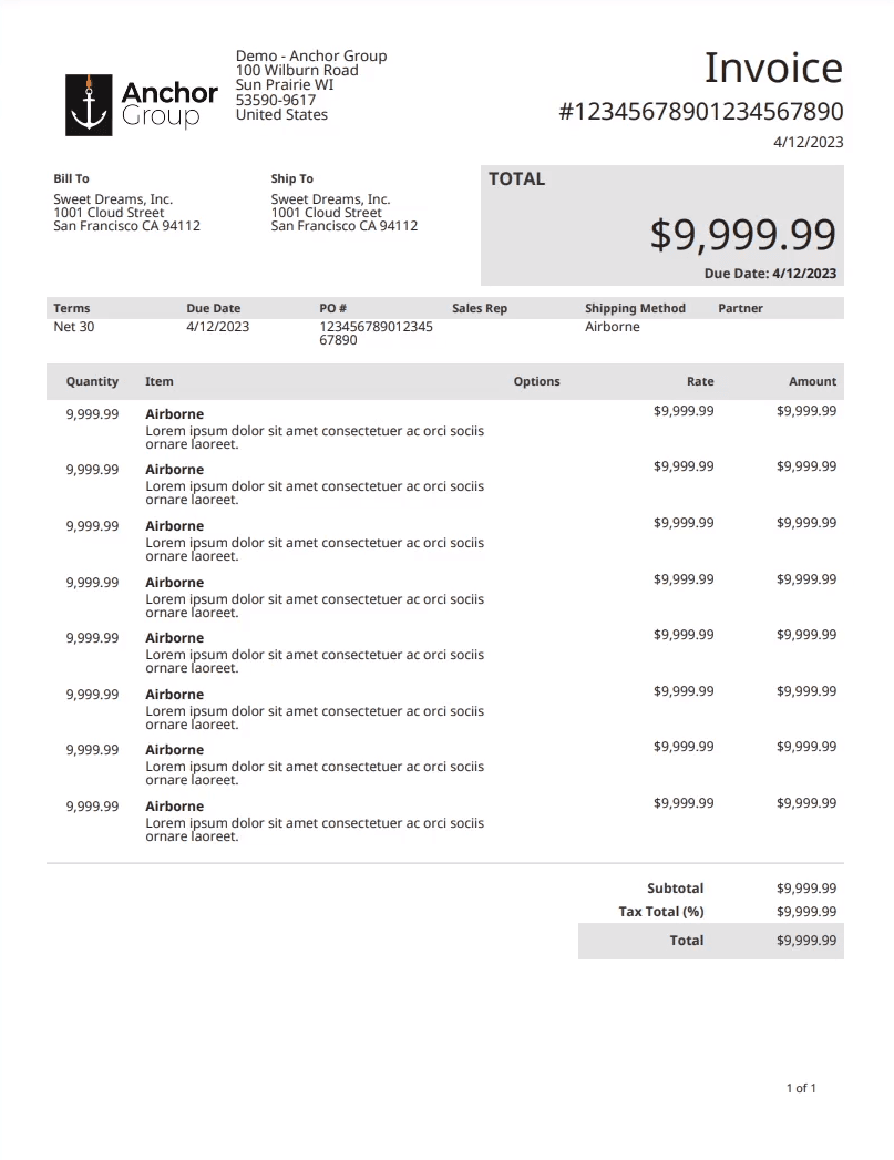 Screenshot of an AnchorGroup invoice with different formatting.