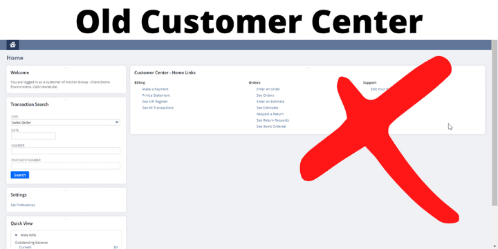 Old Customer Center screenshot marked with a large red x.