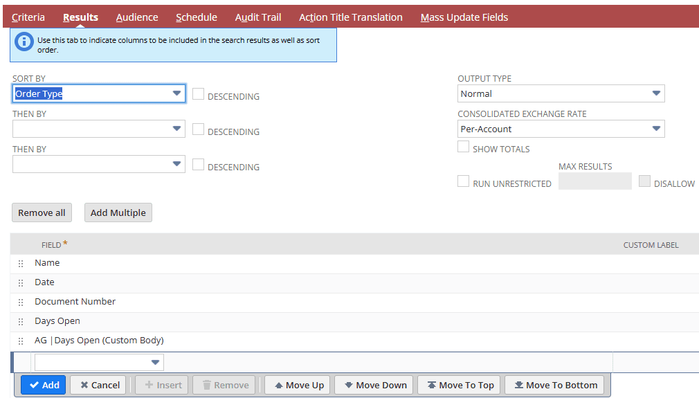 NetSuite results sorted by order type.