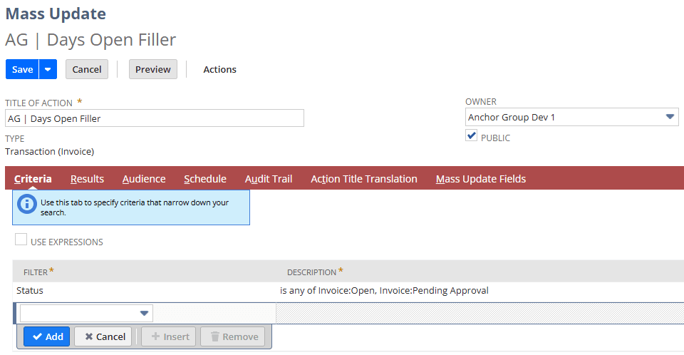 NetSuite mass update page with days open filter criteria.