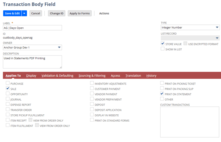 NetSuite transaction body field applies page.