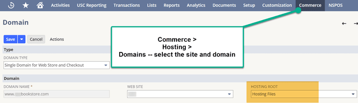 Commerce hosting domains tab.