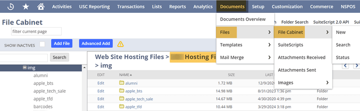 NetSuite documents files with a file cabinet for hosting files.