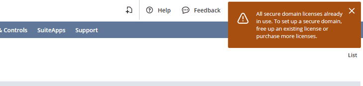 SuiteCommerce licenses in use NetSuite website setup popup message.