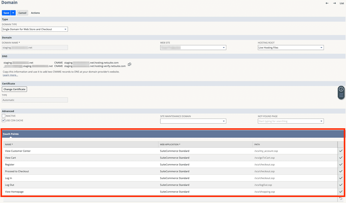 Domain with touch points in NetSuite.