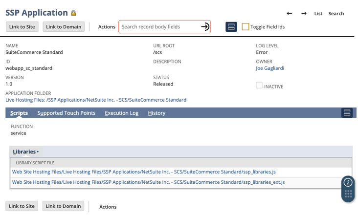 SSP Application page on NetSuite with records.