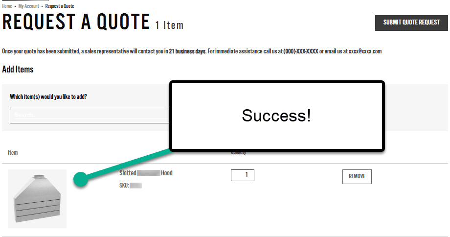 NetSuite request a quote page with a message noting Success!