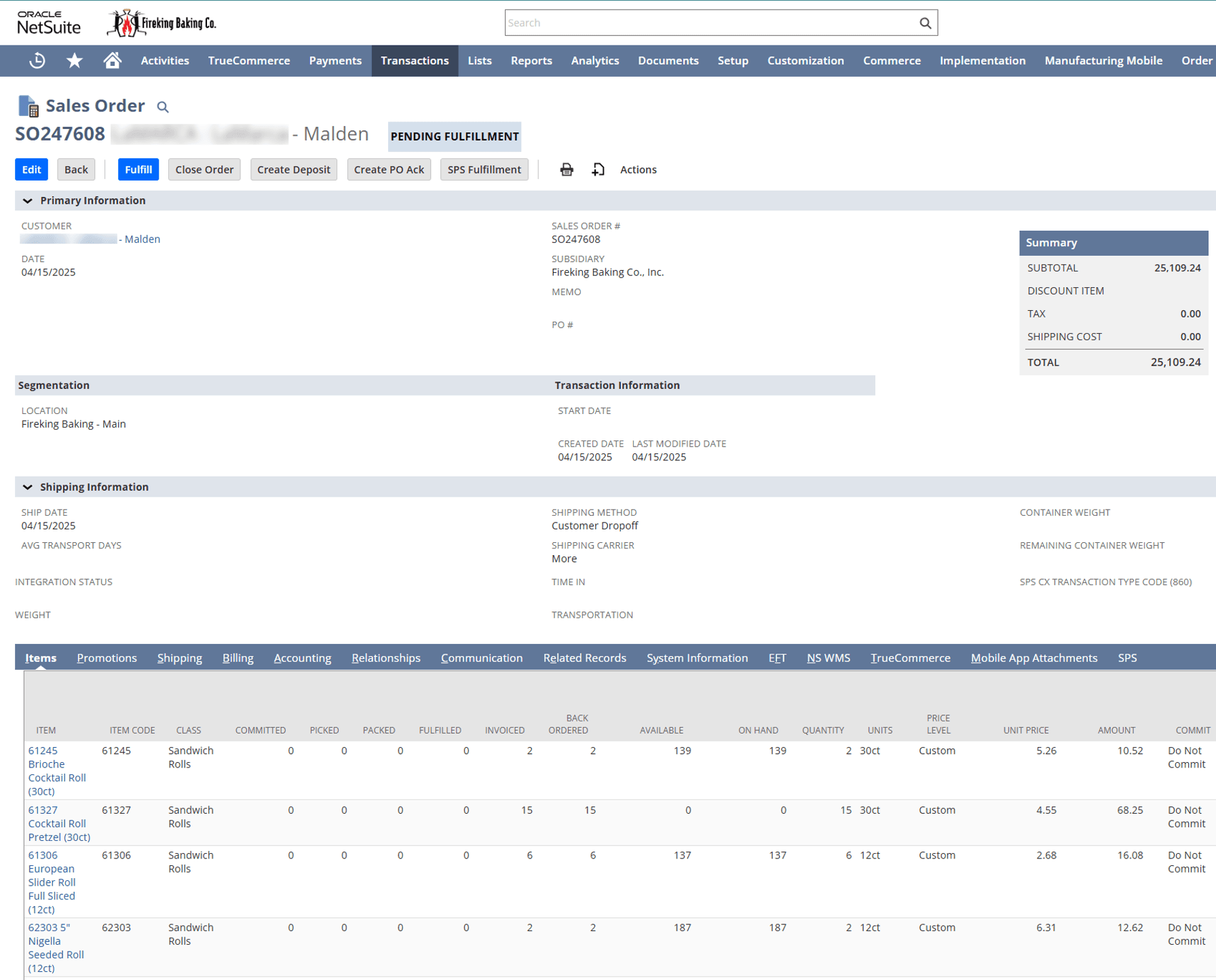 NetSuite sales order items listed for Fire king.
