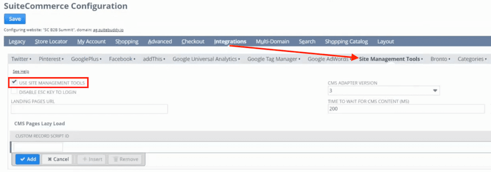 SuiteCommerce configuration integrations user site agreement tools.