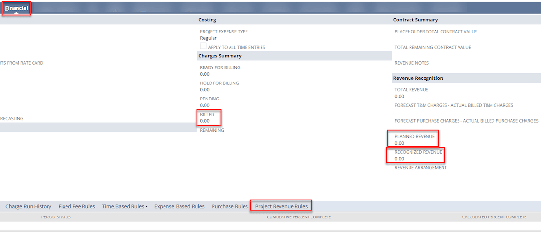 NetSuite financial billed project revenue rules planned and recognized.