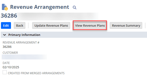 NetSuite revenue arrangement with the view revenue plans button highlighted.