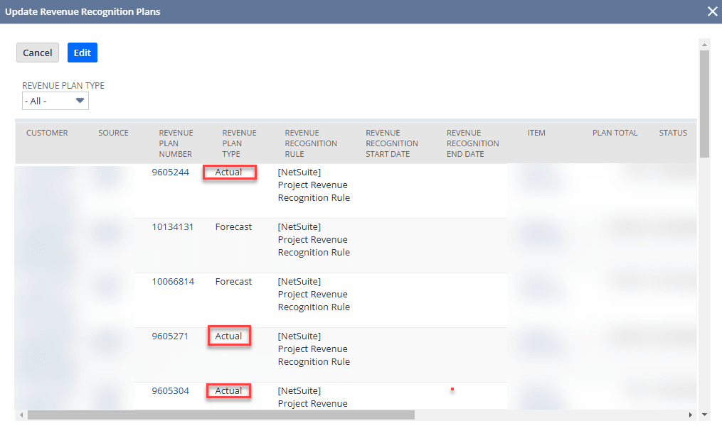 NetSuite update revenue recognition plans with several buttons highlighted.