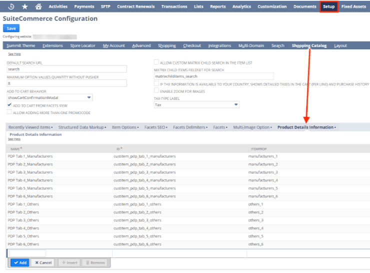 PDP tab SuiteCommerce configuration screenshot.